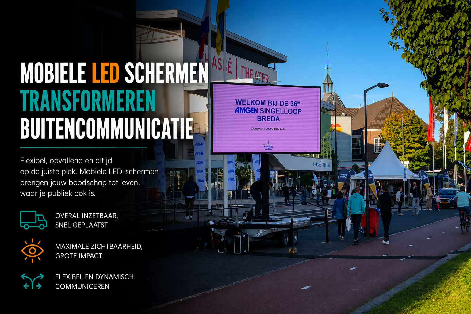 Mobiel LED-scherm op trailer tijdens een buitenevenement in Breda, geplaatst langs een drukke straat bij de Singelloop. De afbeelding laat zien hoe mobiele LED-schermen flexibel worden ingezet voor opvallende buitencommunicatie, realtime informatie en maximale zichtbaarheid op evenementen.